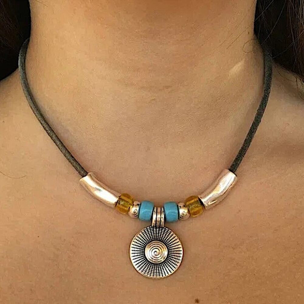 Boho Silver Pendant Beaded Necklace, Vintage, Hippy, Gift For Friend
